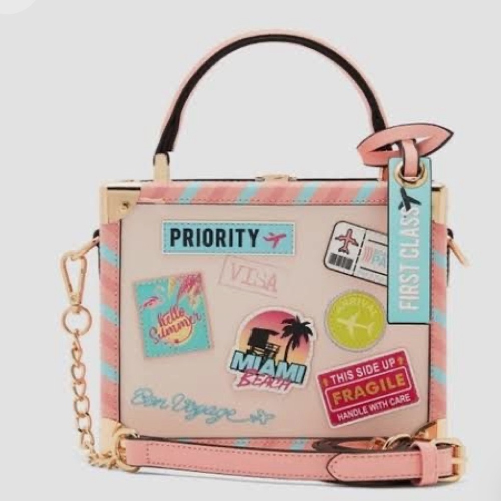 Stylish Travel-Themed Handbag with Pink and Blue Accents - Picture 6 of 10